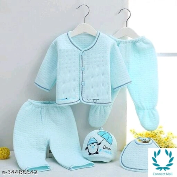 StylishNewborn Baby Clothes Set - 0-3 Months, Sky Blue, Top Fabric: Cotton Blend , Bottom Fabric:Wool, Pack of :5